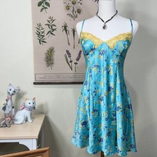 Y2k Victoria's Secret Satin Blue Floral Slip Dress Fairy Garden Party Romantic L