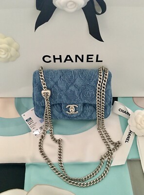 NWT CHANEL Sweetheart Crush Blue Camellia Denim Silver-Tone Metal