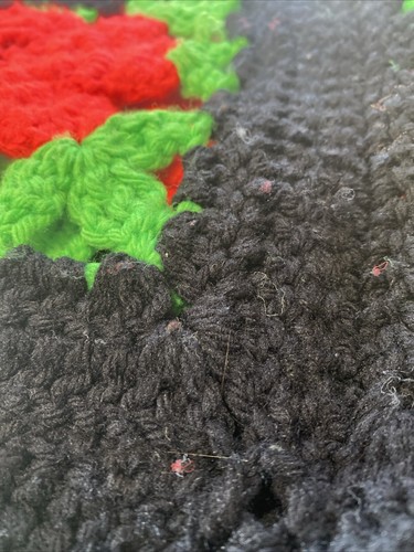 Handmade Granny Square Crochet Afghan Throw Black with 3D Red Roses 75x38” Twin - Picture 9 of 14