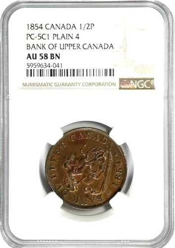1854 Bank of Upper Canada 1/2 Penny Token, PC-5C1, Plain 4, NGC AU 58