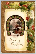 Holiday~A Merry Christmas~River In Horseshoe Holly Frame~PM 1913~Emb~Postcard