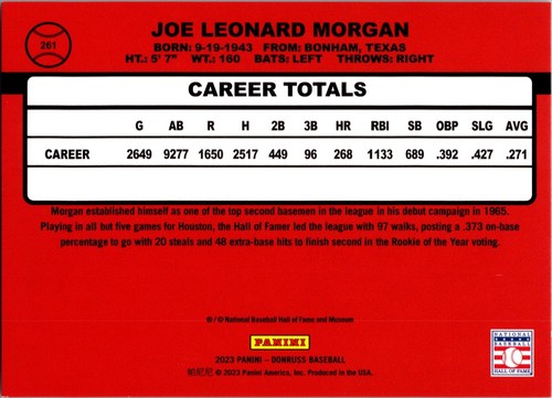 ๐ฅ2023 Donruss Panini Joe Morgan Numbered Foil Card /2023 #261๐ฅ0824 - Picture 2 of 2