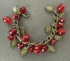 Vintage Sweet Romance Glass Cherries and Leaves Charm Bracelet