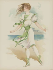 Antique 1908 Victorian Art Print - Bathing Suit Lady Chromolithograph Original