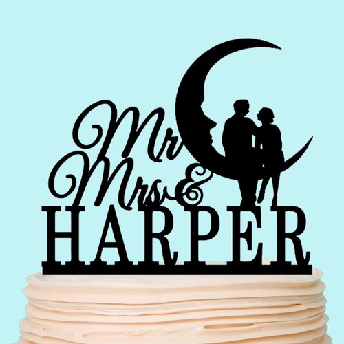 Romantic on the Moon Wedding Cake Topper Personalised Halloween Party Decoration - Picture 6 of 7
