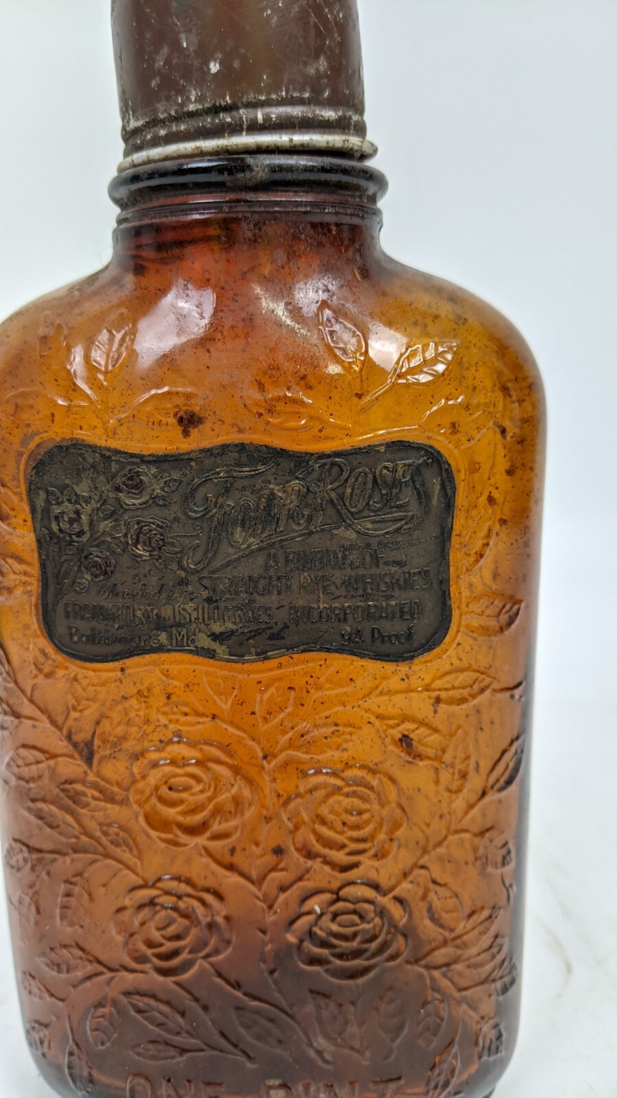 Vintage Four Roses Amber Frankfort Distilleries Bourbon Whiskey Bottle