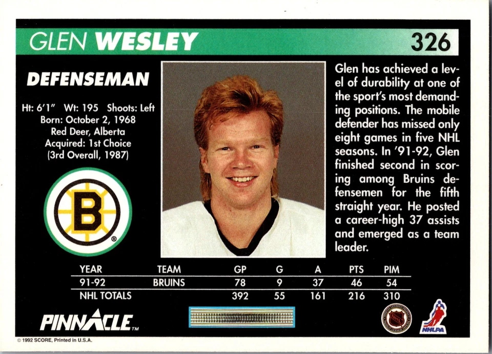 1992-93 Pinnacle - #326 Glen Wesley - Image 2 of 2