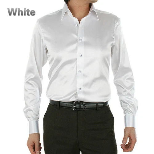 Camicia elegante uomo raso seta manica lunga slim business formale casual top classico - Foto 3 di 25