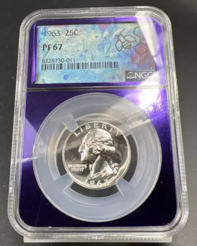 1963 P 25c Washington Silver Quarter Coin NGC PF67 Bee Label Holder