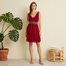 Evening Glam Knee Length Dress Red Chiffon A-Line V-Neck Beaded Lined XS