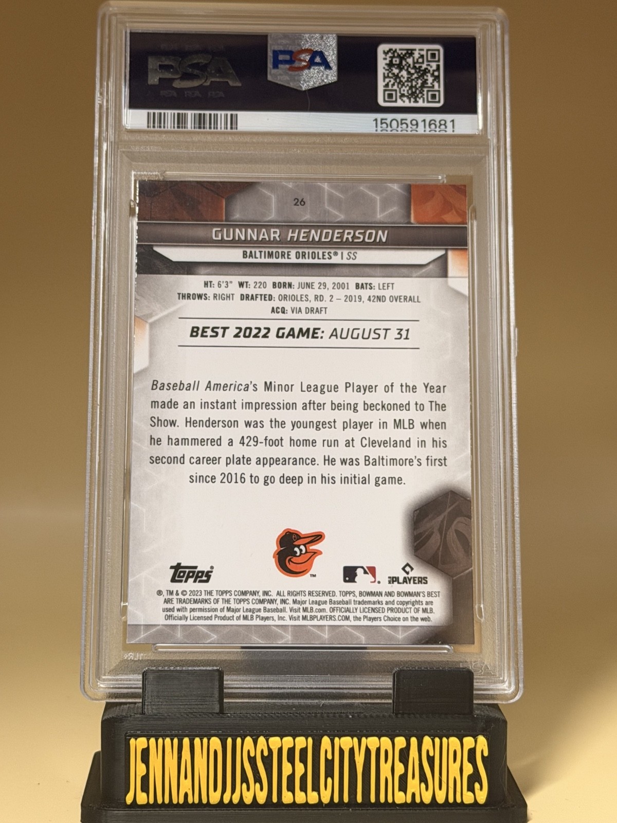 2023 Bowman's Best Gunnar Henderson #26 Rookie Card PSA 10 GEM MINT Orioles view 2