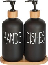 Glass Soap Dispenser Set. Hand and Dish with Bamboo Tray. Vintage Pump for Kitch