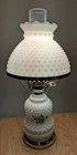 Vintage White Milk Glass Hobnail With Blue Rose On Base With Clear Globe MCM