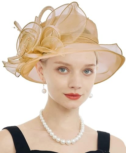 Mujer Kentucky Derby Iglesia Vestido Sombrero Ala Ancha Hoja Flor Talla Única F1-dorado - Imagen 2 de 4