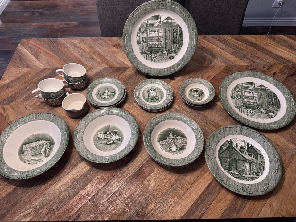 A 25-piece transferware set themed around Dickens' Old Curiosity Shop — rare, historically charming, and a genuinely collectible tablescape for the right person.