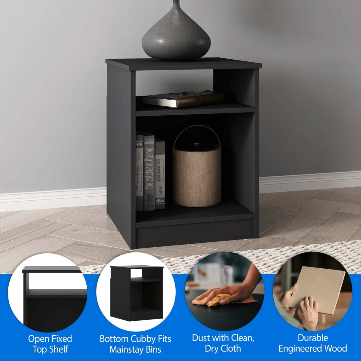 Mainstays Ardent Open Shelf Nightstand - Black Bedside Table, Fast