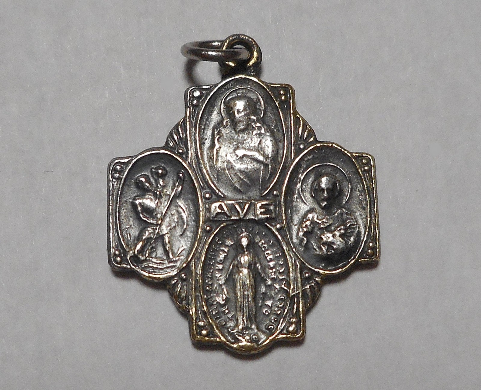 Vintage Four Way Cross Medal Silvertone Catholic Religous Medal