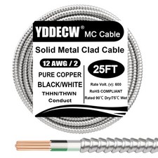 25ft 12/2 MC Cable w/ Ground, 12 Gauge Aluminum Armor Copper Conductors