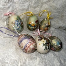 Lot/6 Paper Mache Easter Eggs Ornaments, Bunnies  Ducklings, Chicks, Cats VTG