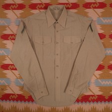 Vintage US Army Shirt Men  s 15.5 X 37 Medium Khaki Tan Military Patches Stencil