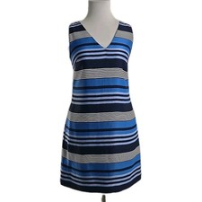Banana Republic Blue Stripe Satin V-Neck Sleeveless Shift Dress Pockets Size 0