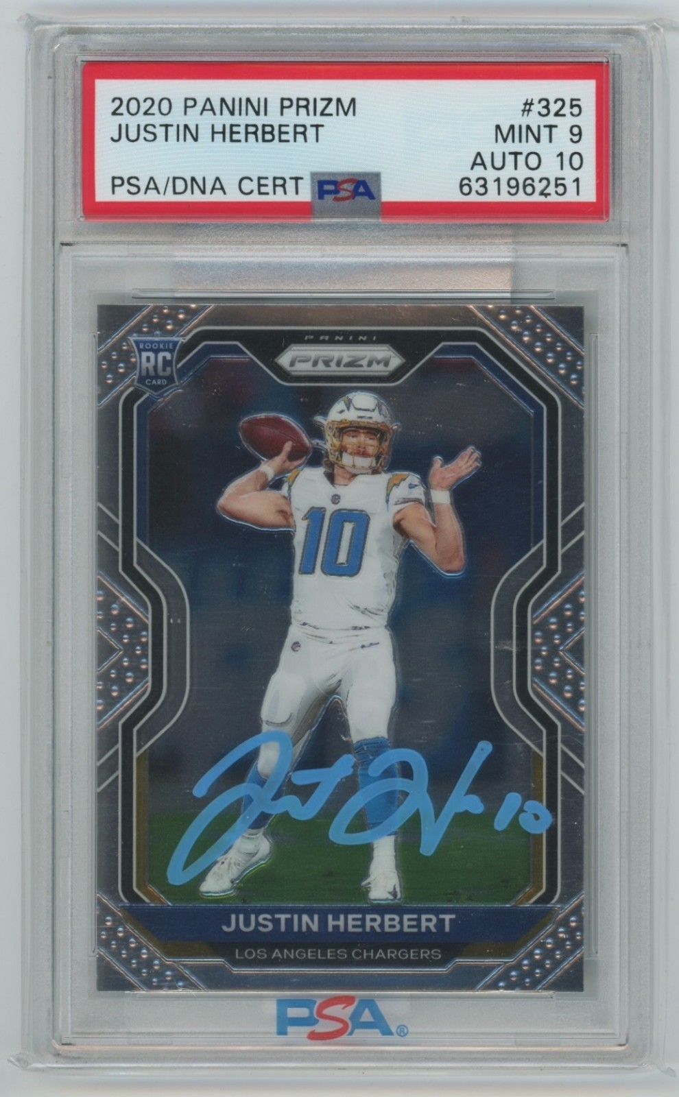 Justin Herbert RC Auto PSA DNA 9 10 2020 Panini Prizm Rookie #325 Autograph