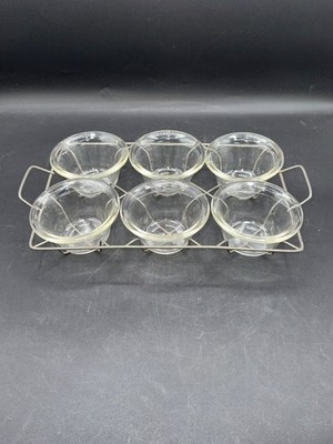 Vintage Glasbake #285 Clear Glass Custard Cups Set Of 6 With Original Metal Rack