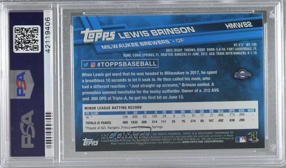 2017 Topps Holiday Metallic Snowflake Lewis Brinson PSA 10 GEM MT Rookie RC - Image 2 of 2