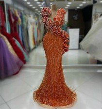 Fashion Orange Crystals Ruffle Flowers Mermaid Evening Dresses Long Party Gowns