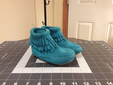Minnetonka Turquoise Suede Leather Baby Moccasins Fringe Booties Shoes Sz 5 1296