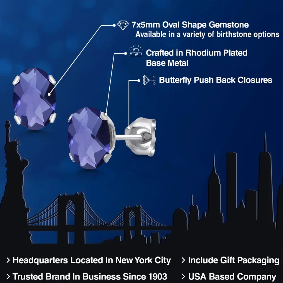 Aretes ovalados de latón enchapados en plata de iolita azul con forma de tablero de ajedrez de 1,30 quilates Foto 2 de 4