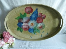 Ancien plateau ovale bois peint bouquet fleurs multicolores 48/32cm