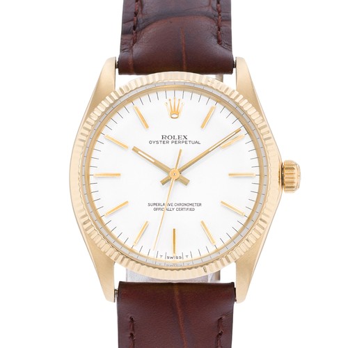Rolex Oyster Perpetual 34 1005 Vintage White 14k Yellow Gold Mens Watch 1970