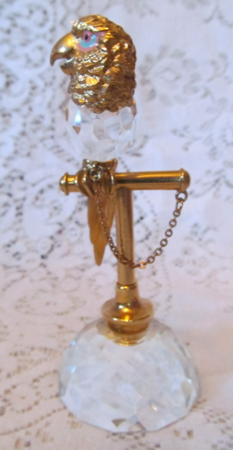 Vintage 80's Swarovski Trimlite Crystal Gold Plated Parrot on Perch Figurine
