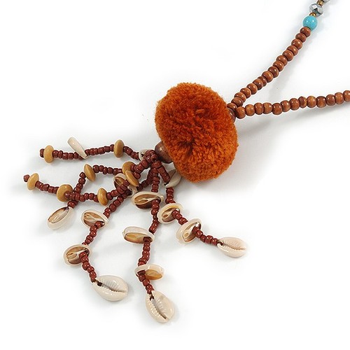 Brown Wood, Glass, Sea Shell, Tree Seed Bead with Pom Pom Tassel Long Necklace - Picture 3 of 6