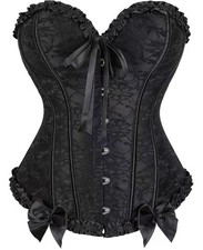 Black Lace Overbust Corset Bustier Boned Lace Up Back Ribbon Trim Size Large