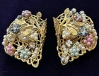 Vtg Miriam Haskell Style Goldtone Filigree/Pearl Tapestry Wire Beaded Earrings