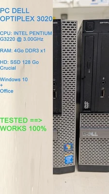 DELL OPTIPLEX 3020 - INTEL G3220 - 4Go DDR3 - SSD 128Go - Windows 10 + Office - Photo 1/4