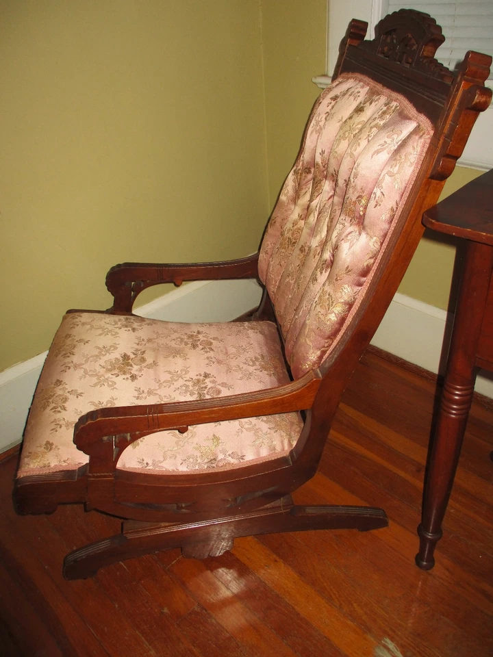 Antique Eastlake Ornate Victorian Walnut Platform Rocker Pink Fabric w/ Flowers - Image 4 of 4