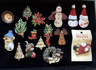 Vintage Christmas Pin/Brooch Lot 16 Pieces Mix Materials Some Signed/Unsigned