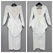 Vintage 1980's Wedding Dress Peplum Style w/ Detach Train  Veil Beaded Taffeta