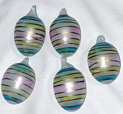 EASTER, SET OF 5 GOLD STRIPED & PASTEL BLOWN GLASS EGG ORNAMENTS