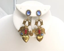 2.5" Blue & Red Crystal Hammered Heart Brass Charms Earrings Bicycle Car Flag