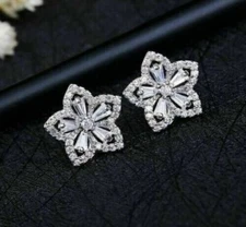 1.00 CT Baguette Cut Simulated Diamond Flower Stud Earring 14k White Gold Plated