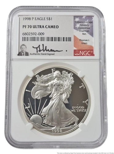 1998 American Eagle NGC PF 70 Ultra Cameo 1ozt 999 Fine Silver Coin Thomas Uram