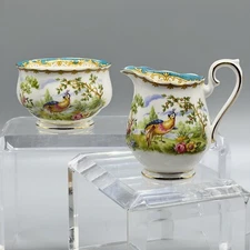 VTG Royal Albert CHELSEA BIRD Teal Blue OPEN SUGAR BOWL CREAMER SET Mini Scallop