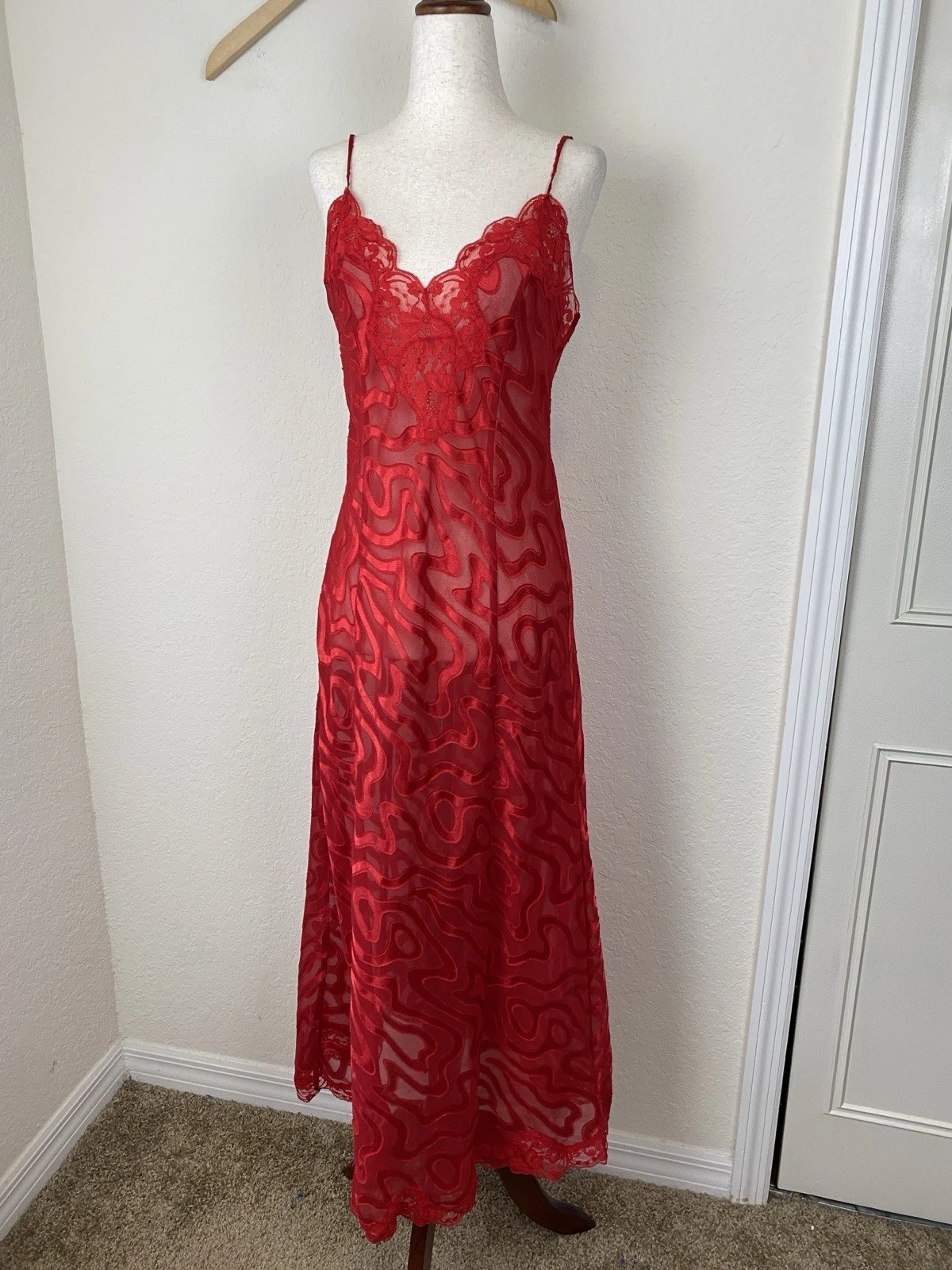 UNDERCOVER Abito vestito maxi slip vintage anni 90 Y2K Victoria’s Secret M rosso pizzo trasparente romantico