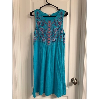 Sundance Turquoise Blue 100% Linen Embroidered Floral Sleeveless Dress Womens M