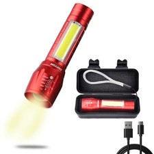 Image of Mini LED Torch USB Rechargeable Flashlight COB Worklight Lamp Zoom Focus & Case