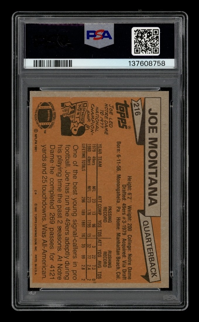 1981 Topps Set-Break #216 Joe Montana PSA 8 NM-MT view 2